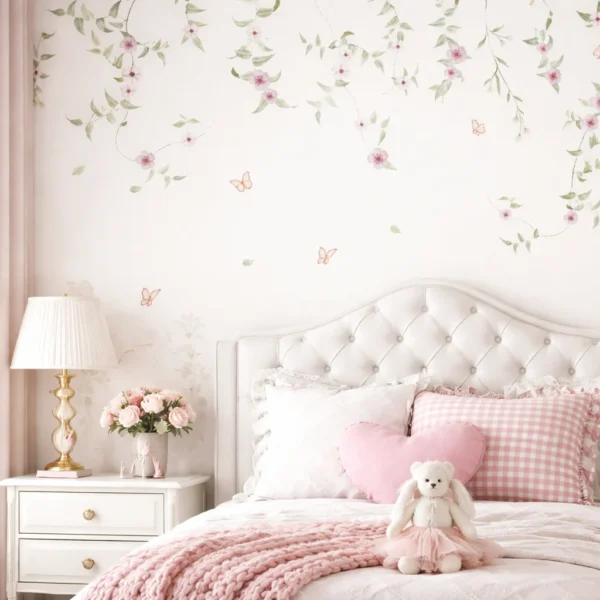 Papel De Parede FOLHAGENS BORBOLETAS ROSAS