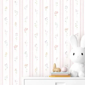 Papel De Parede Listrado Floral Rosé Jardim