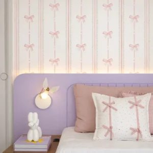 Papel De Parede Listrado Laços Rosé