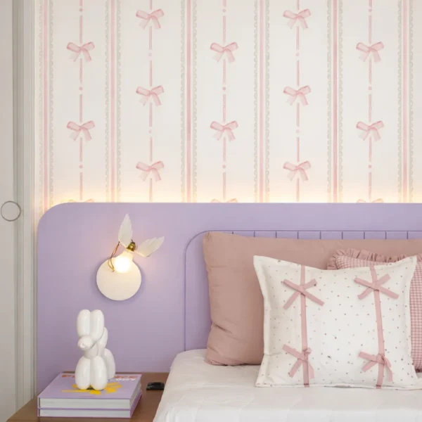 Papel De Parede Listrado Laços Rosé